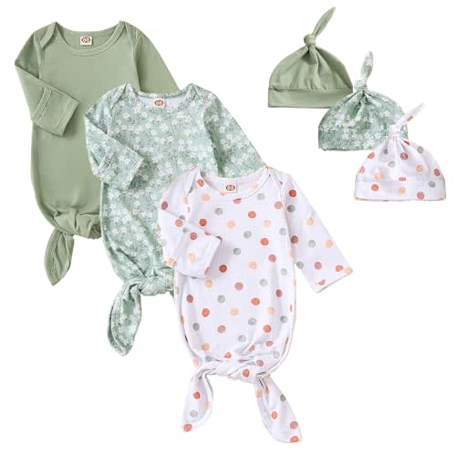 OPAWO Newborn Baby Knotted Gowns with Mitten Cuffs and Hat Baby Sleeper Gowns Coming Home Outfit for Baby Boy Girl 0-6 Months