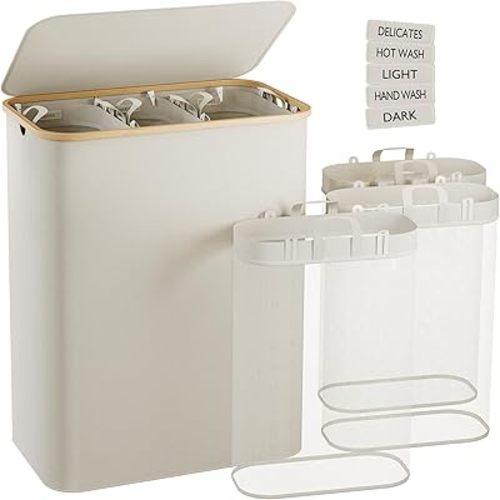 160L Laundry Hamper with Lid, Extra Large Laundry Basket 3 Section with Removable Washing Bags, Collapsible Waterproof Dirty Clothes Hamper for Laundry Room, Bathroom, Bedroom, Dorm, Beige