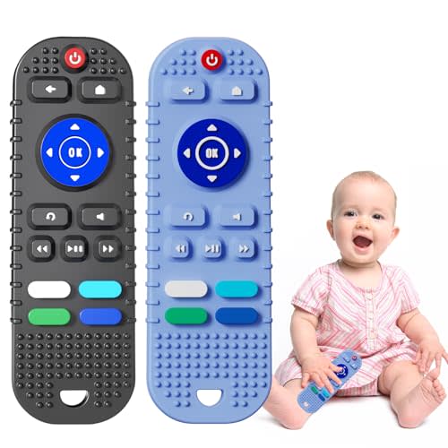 Mgtfbg 2 Pack Soft Silicone Teething Toys for Toddlers, Babies 6-12 Months - Boys Girls Baby Molar Teether Chew Toys Set, Remote Control Shape Teething Toys Gift(Blue+Black)
