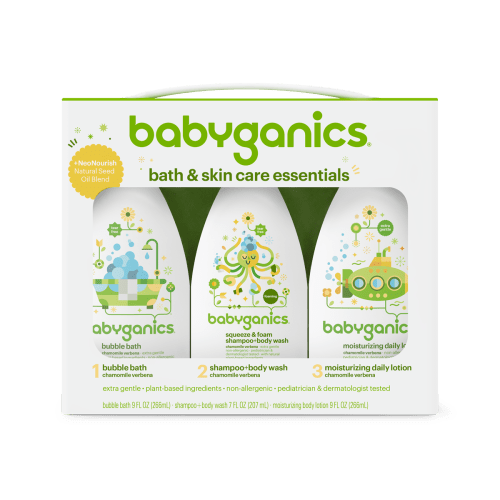 BabyGanics Bath & Skin Care Essentials, includes Bubble Bath, Shampoo + Body Wash and Moisturizing Daily Lotion