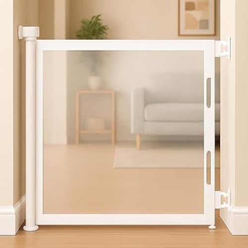 Retractable Baby Gate – 35" Tall, 55" Wide Mesh Safety Gate for Dogs & Babies, Indoor/Outdoor Use for Stairs, Doorways, Hallways, Deck & Porch – Easy One-Handed Wall Mount Design