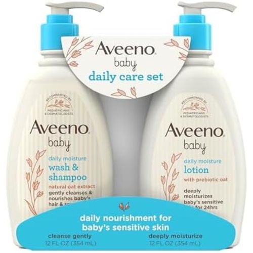 Aveeno Baby Daily Care Gift Set with Oat Extract & Prebiotic Oat, Contains Daily Moisturizing Body Lotion & Gentle 2-in-1 Baby Bath Wash & Shampoo, Hypoallergenic & Paraben-Free, Two Pack