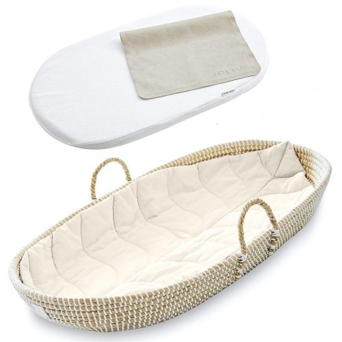 BEBE BASK Premium Baby Changing Basket - Artisan-Crafted Seagrass - Rope Handles - Changing Basket for Baby Dresser - All Accessories Included - Complete Set for Nursery (Natural)