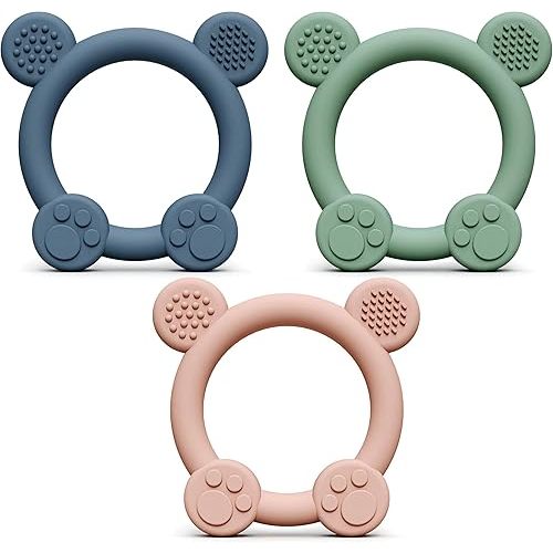 PandaEar 3 Pack Baby Teething Toys Silicone for Babies 0-6 Months, Baby Teething Rings 6 to 12 Months, Silicone Baby Teether BPA Free, Teething Relief Soothing Sore Gums and Easy to Hold