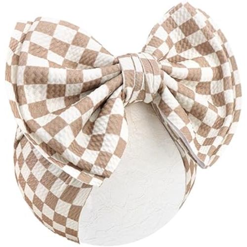 ONENINEDREAM 7’’ Checkered Bow for Baby Girl Khaki Racing Bows Double-Layered Headbands for Newborns Infants Toddlers Girls Hair Accessories