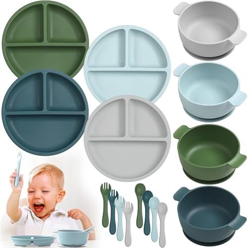Domensi 12 Pcs Silicone Baby Feeding Set, 4 Pcs Silicone Divided Suction Plate and 4 Pcs Baby Bowls with Suction with 4 Sets Spoons Forks for Baby Led Weaning Supplies Self Feeding (Novel Colors)