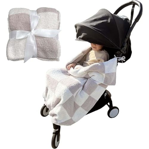 Stroller Tie-On Blanket 30x40 - Cozy & Soft Baby Essential with Modern Neutral Aesthetic, Ensures Blanket Won’t Drag On Floor or Fall Off - Newborn Essential, Fuzzy Checkered Design