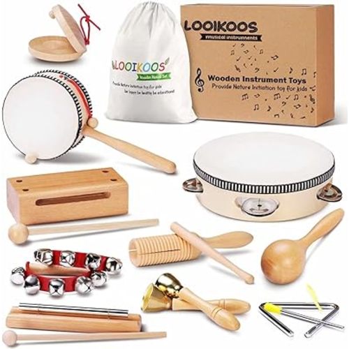 LOOIKOOS Baby Musical Instruments Montessori Toys for Toddlers 1-3,Natural Wooden Percussion Instruments Set for Kids Preschool Educational Musical Toys for Ages 5-9