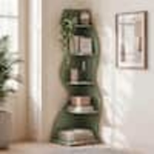 BYBLIGHT Eulas 69.8 in. Tall Green Wood 5-Shelf Standard Bookcase Corner Bookshelf with Storage Shelf and Curvy Shelf BB-J0300ZHY