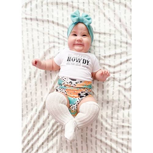 Western Cow Print Brushstroke Baby Bummies and Bow Set, Howdy Baby Girl Outfit, Shorts And Bodysuit