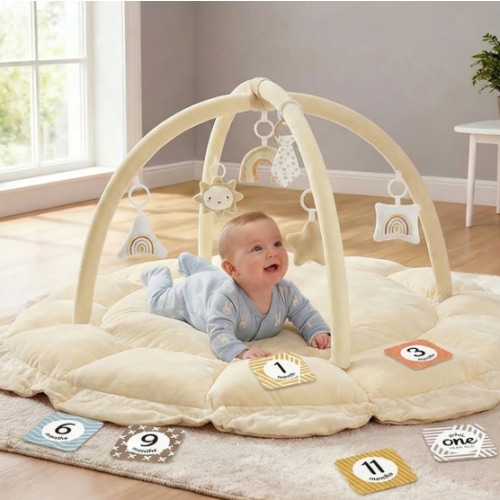 5-in-1 Thick & Plush Baby Play Gym, Baby Play Mats for Floor, Tummy Time Mat with 6 Toys, Convertible Stage-Based Developmental from Babies to Toddlers, Ball Pit, Pink