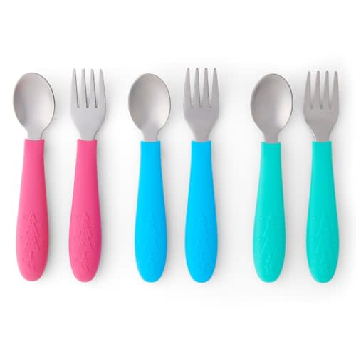 Elk and Friends Kids Silverware with Silicone Handle | Childrens Safe Flatware | Toddler Utensils | Baby Spoons + Forks | Stainless Steel Cutlery