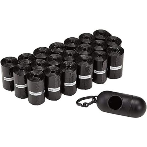 Amazon Basics Dog Poop Leak Proof Bags with Dispenser and Leash Clip, Unscented, 300 Count, 20 Pack of 15, Black, 13 x 9 Inch