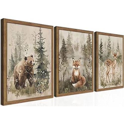Framed Woodland Wall Art Nursery Decor Set of 3, Cute Wild Animals Bear Fox Deer Canvas Wall Art, Nature Watercolor Prints, Animal Pictures Wall Decor for Baby Room Kids Bedroom – 12x16 inch