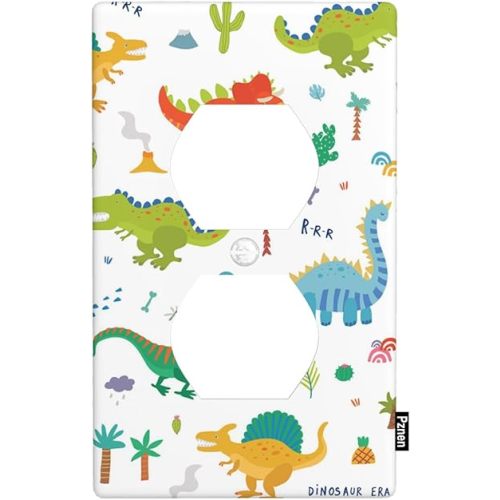 Dinosaur Outlet Covers Colorful Cartoon Dinosaurs in White Wall Plate Duplex Receptacle Plug Cover 1-Gang Light Switch Cover Plate for Teen Boy Girl Room Wall Wart Decor
