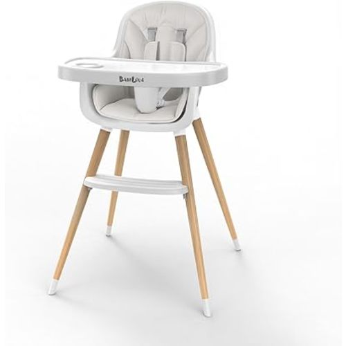 Baby High Chair, Wooden Highchair with Removable Tray, Adjustable Legs, Cushion, 5-Point Harness and Footrest for Infants, Baby, Toddlers, Gray