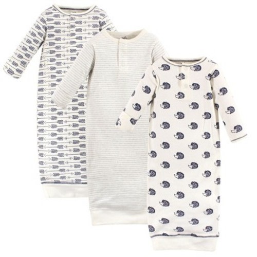 Touched by Nature Baby Boy Organic Cotton Henley Long-Sleeve Gowns 3pk, Hedgehog, 0-6 Months