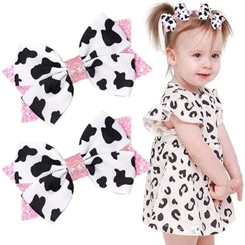 2PCS Cow Print Hair Bow for Girls, Cute Moo Cow Bows with Alligator Clips Hair Accessories for Toddler Infant Children kids (Type C)