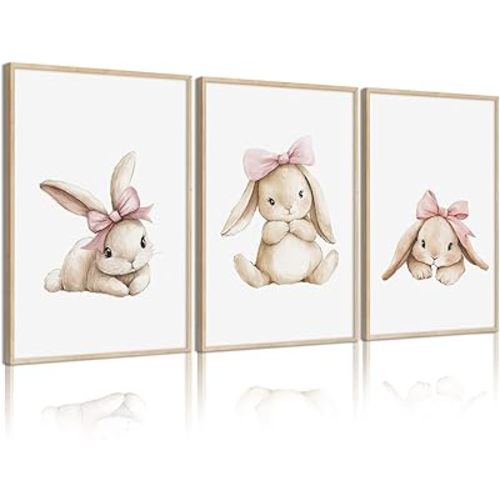 Lhoiplme Nursery Bunny Wall Art Decor Baby Girl Room Prints Bunny Canvas Wall Art Decor Pink Baby Girl Nursery Painting Woodland Rabbit Spring Artwork Poster for Bedroom 16x24x3 Inch Unframed