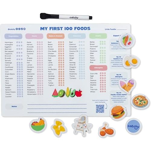CATCHY - My First 100 Foods Tracker Set - 1 Magnetic Whiteboard Checklist, 10 Fridge Magnets + 1 Marker - Lists All Major Food Groups + Key Allergens - with Expert Tips - Reusable