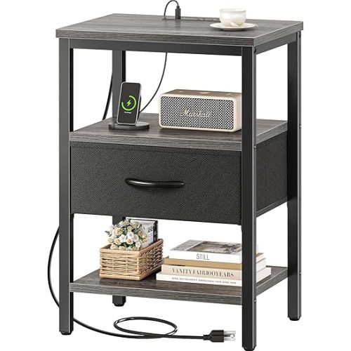 SUPERJARE Nightstand with Charging Station, Bed Side Table with Adjustable Fabric Drawer, Night Stand for Bedroom, 3-Tier Storage End Table, for Living Room, Charcoal Gray
