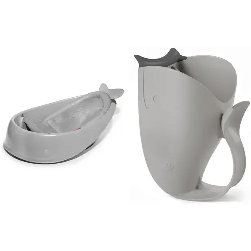 Skip Hop Baby Bath Tub, 3-Stage Smart Sling Tub, Moby, Grey & Baby Bath Rinse Cup, Moby Tear-Free Waterfall Rinser, Grey