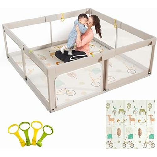 Mloong Baby Playpen with Mat, 59x59 Inches Extra Large Playpen for Babies and Toddlers, Indoor & Outdoor Activity Center, Safety Baby Fence with Gate