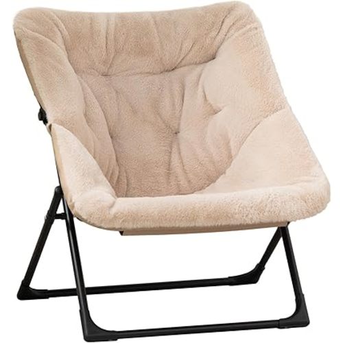 HollyHOME X-Large Saucer Chair, Comfy Oversized Folding Chair, Faux-Fur Reading Chair for Teens, Adults, Foldable Accent Lazy Chair, Metal Lounge Chair for Living Room, Bedroom, Dorm, Light Khaki