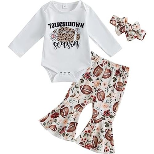 SAYOO Newborn Baby Girl Football Outfit Letter Print Romper Rugby Bell Bottom Pants Bows Fall Coming Home Flare Outfit