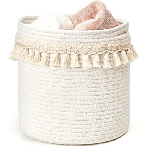 Mkono Macrame Decorative Cotton Rope Basket Boho Nursery Decor Cute Woven Tassel Closet Storage Bins Organizer for Baby Toys,Diaper, Blankets,Magazine,Potted Plants Cover,Living Room,Bedroom, 15"x14"