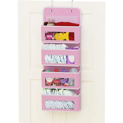Simple Houseware Over Door/Wall Mount 4 Clear Window Pocket Organizer, Pink