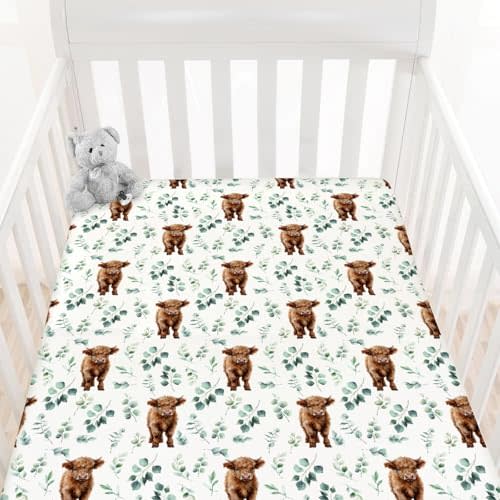 HawSkgFub Highland Cow Eucalyptus Leaf Fitted Standard Crib Sheet for Baby Boy Girl, Neutral Western Farm Animal Yak Toddler Mattress Cover, Soft Stretchy Nursery Bed Sheets Decor Kids Gift 52" x 28"