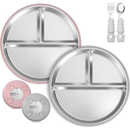 2 Pack Stainless Steel Baby Plates with Suction, Toddler Plates with Removable Silicone Shell for Kids, Non-Slip Toddler Baby Feeding Set, Forks + Spoons Included-Gray & Dark Pink