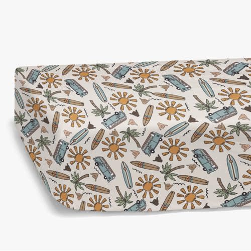 HawSkgFub Hawaii Beach Surf Summer Vibe Fitted Standard Crib Sheet for Baby Boy, Tropical Coconut Tree Sun Toddler Mattress Cover, Soft Breathable Stretchy Nursery Bed Sheets Decor Kids Gift 52" x 28"