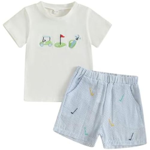 Golf Outfit for Toddler Baby Boy Golfs Cart Embroidery Short Sleeve Round Neck T-Shirt Shorts 2Pcs Set Summer Clothes