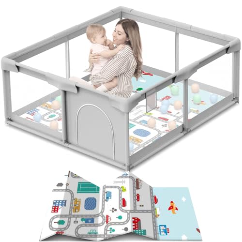 besuhot Baby Playpen 50x50 Inch Baby Playpen with Mat, Playpen for Babies and Toddlers, Baby Playard with Gate, Sturdy Safety Fence, Indoor & Outdoor Kids Activity Center