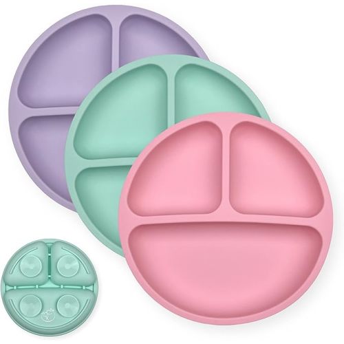 Hippypotamus Toddler Plates with Suction - Baby Plates - 100% Food-Grade Silicone Divided Plates - BPA Free - Dishwasher Safe - Set of 3 (Pink/Mint/Lavender) - Pink / Mint / Lavender