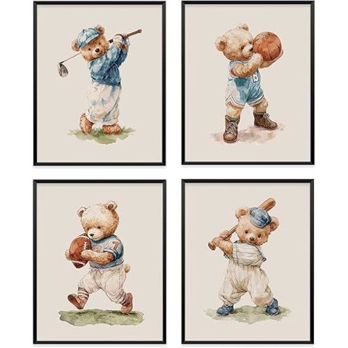 VONTP Vintage Boys Room Bear Sports Wall Art Decor, Basketball Rugby Baseball for Kids Room Posters Prints, Sports Playroom Decoration Nursery Wall Decor, 8x10 Inch Set of 4 (Unframed)