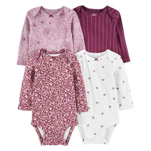 Baby 4-Pack Long-Sleeve Bodysuits - 9M - Pink/White