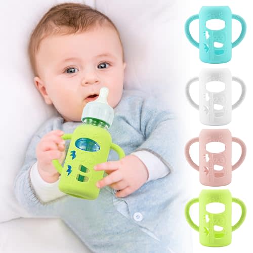 4 Pack Silicone Sleeves for Dr. Brown's Glass Baby Bottles, Anti Breakage Durable Baby Bottle Holder with Easy Grip Handles, Narrow Sleeve with a Cutout, Dishwasher/Freezer/Microwave Safe, 4 oz