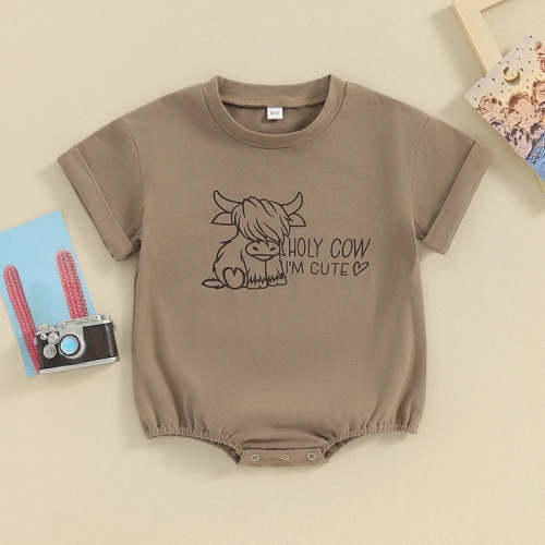 Baby Boy Girl Holy Cow I'm Cute Highland Cow Heart Print Oversized Bubble Romper Short Sleeve Jumpsuit
