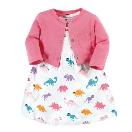 Hudson Baby Infant Girl Cotton Dress And Cardigan Set, Cute-a-saurus, 0-3 Months