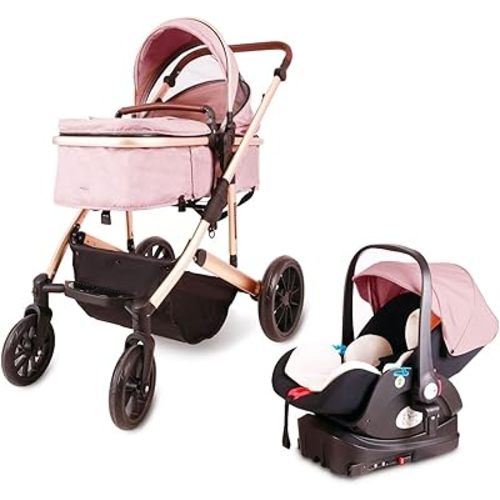Travel System,Lightweight Baby Stroller,High Landscape Infant Pram,Aluminum Frame,with Multi-Angle Adjustment, from Birth 0 to 4 Years, 0-20 Kg(Color:Pink)