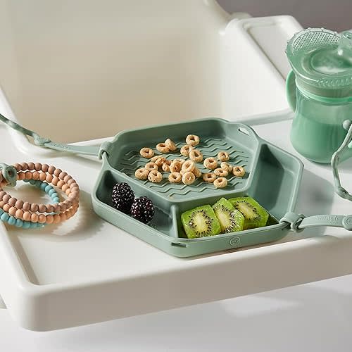 Smack Fun - The Original All-in-one Suction Plates + Safety Toy Straps - Silicone Suction Plates for Toddlers + Baby - First Foods + Self-Feeding. Comes with 2 straps (Cambridge Blue)