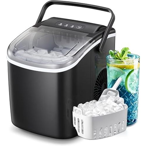 ZAFRO Countertop Ice Maker, Portable Self Cleaning Bullet Ice Maker with Handle, 9 Ice Cubes in 8 Minutes, 26Lbs in 24 Hours, Ice Basket and Ice Scoop, Compact Design for Home/Office, Black