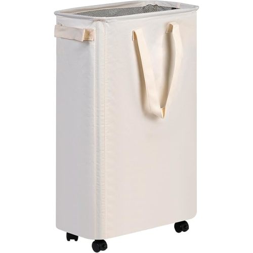 Laundry Basket, Slim Laundry Basket with Wheels, Rolling Laundry Basket for Clothes, Small Laundry Basket for Bedroom, Dorm and Laundry Room, 48L (12.7 Gallons) Beige
