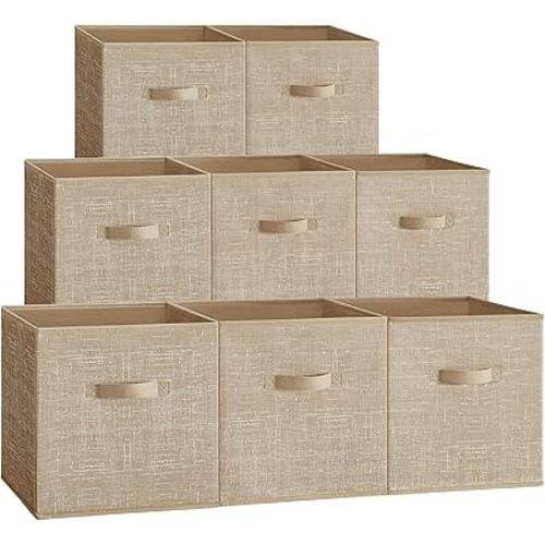 SONGMICS Storage Cubes, 13-Inch Non-Woven Fabric Bins with Double Handles, Set of 8, Closet Organizers for Shelves, Foldable, for Clothes, Sand Beige UROB833K03
