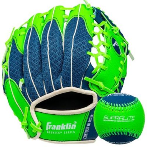 Franklin Sports 9.5'' Meshtek Glove with Ball - Blue/Optic Green: T-Ball Right-Handed