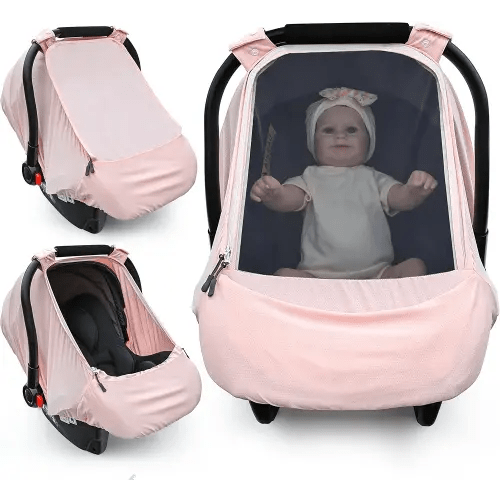 Baby Car Seat Cover,Sunproof Car Seat Canopy for Babies, Extra Large Mesh Window Baby Car Seat Sun Shade Cover, Infant Carseat Covers for Summer/Autumn Use(Pink)
