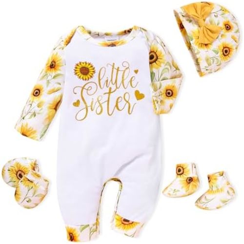 Sinhoon Newborn Baby Girl Romper Infant Letter Print Bodysuit Jumpsuit+Hat+Gloves+Socks 4Pcs Coming Home Clothes Outfit